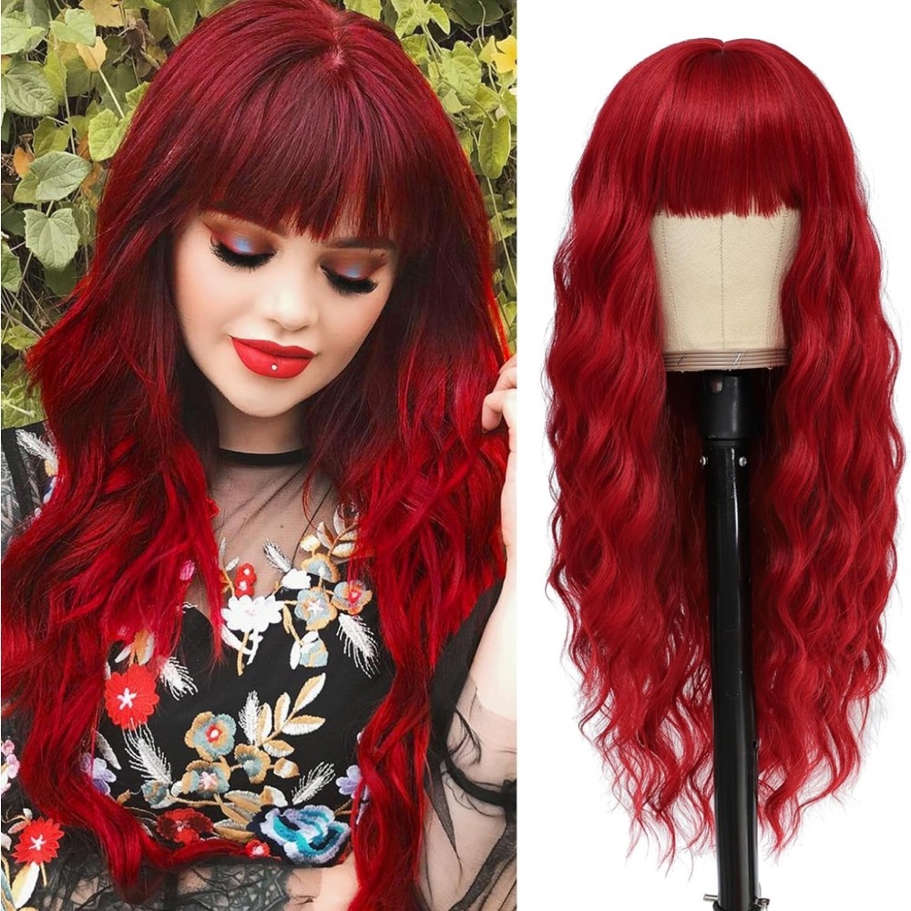 Deep Red Wavy Long Wig with Bangs - Vibrant Red